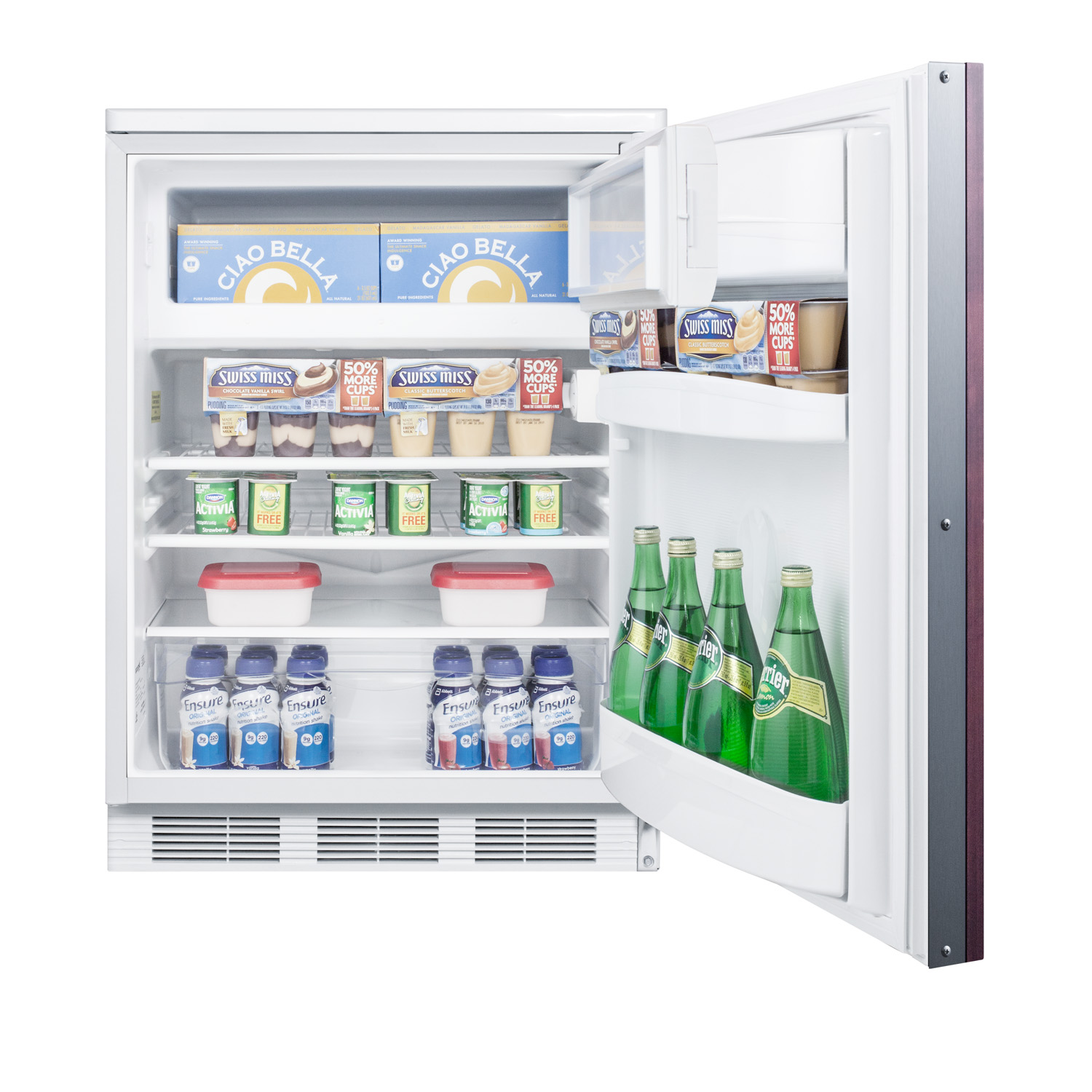 Built-in undercounter refrigerator-freezer for general purpose use, w/dual evaporator cooling, lock, integrated door frame for overlay panels, white cabinet